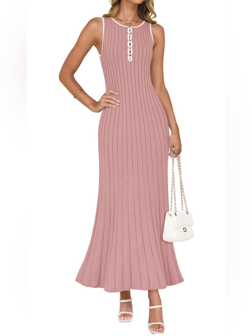 NWT-Maxi Dress Sleeveless Crew Neck Hollow Out Pleated Ribbed Knit Dress